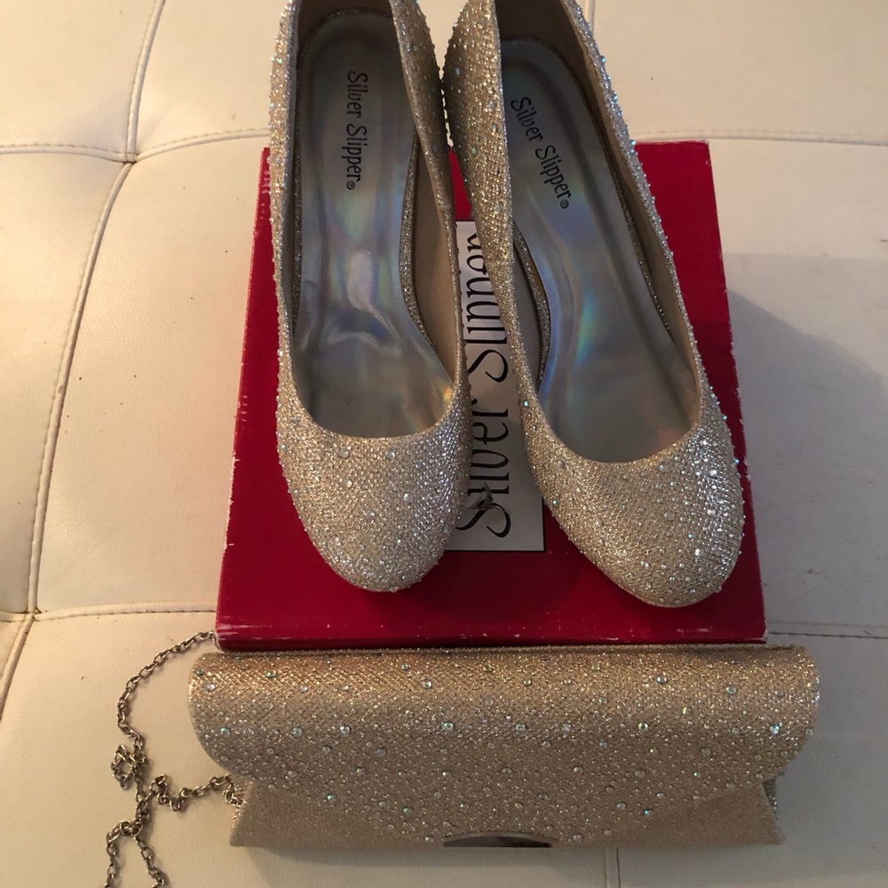 Gold slip on  Heels with matching bag